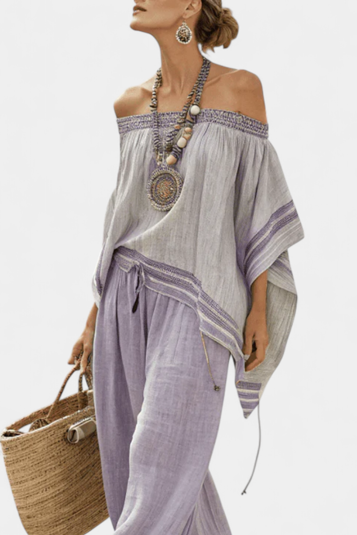 Zandrel | Haut Élegant Off-Shoulder & Pantalons Rayés à Jambes Larges