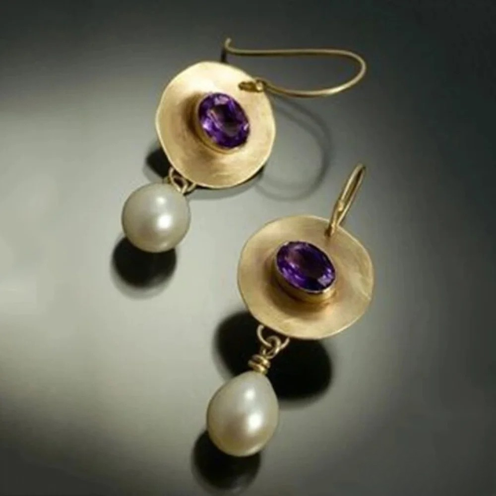 Boucles d'Oreilles Vintage en Or avec Zirconia Violet et Perles