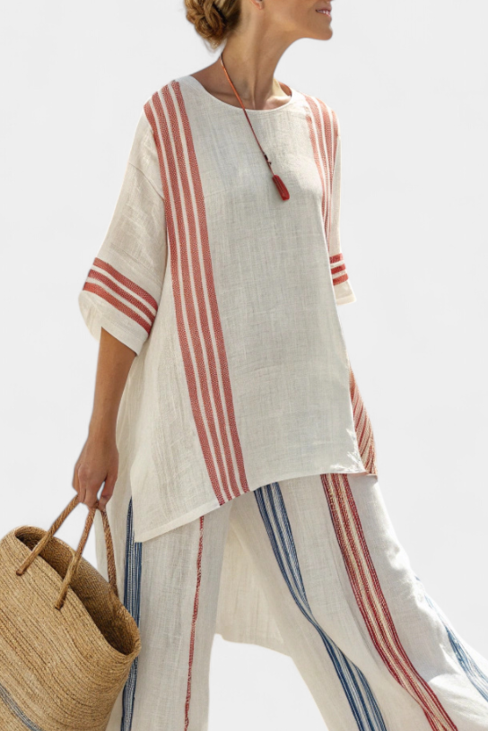 Solvane | Haut à rayures multicolores sophistiqué et pantalons méditerranéens