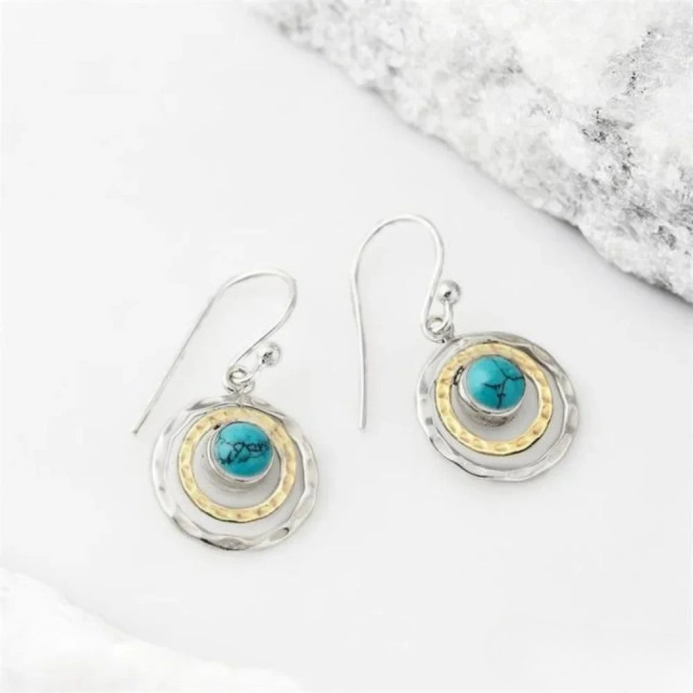 Boucles d'oreilles Boho Saturne avec Pierre Turquoise en Argent & Or