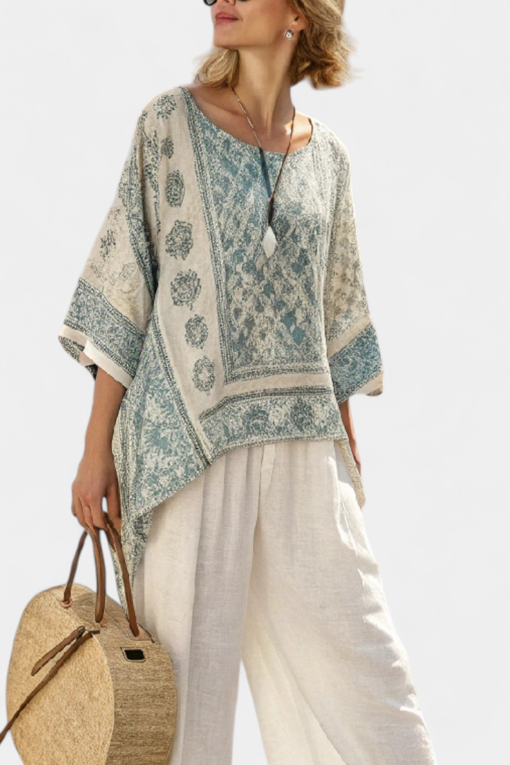 Quinley | Blouse Imprimée Confortable & Pantalons Blancs à Pattes d'Éléphant